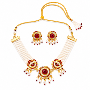 Conjunto de Collar, Pendientes y Tocado de Aleación de Zinc Bañado en Oro con Circonita Roja y Perlas de Imitación, Joyería de Moda Étnica para Mujer, Ideal para Bodas - Product Image 1