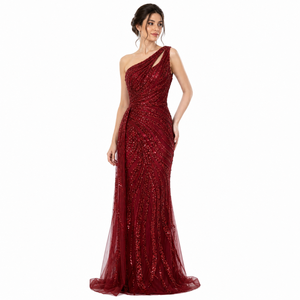 Luxury <b>Red</b> One Shoulder Mermaid Evening Gown | <b>Sequin</b> Embroidery Tulle Dress Elegant Women Party Wear | OEM Private Label India - Product Image 1