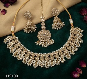 Indian Traditional Pearl Kundan Necklace <b>Set</b> Antique Gold Plated Bridal Choker Necklace with Jhumka Earrings and Maang Tikka <b>Set</b> - Product Image 1