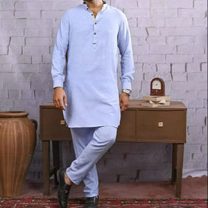 Conjunto de Salwar Kameez Azul Rey Casual para Hombre, Ropa Islámica Pakistaní India de Algodón, Diseño Transpirable con Bolsillos Laterales - Product Image 1