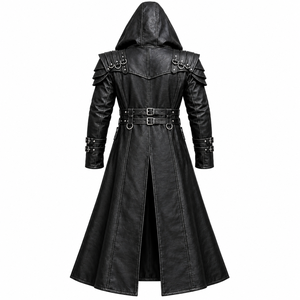 Men's Black Gothic <b>Leather</b> <b>Long</b> <b>Coat</b> Hooded Steampunk <b>Trench</b> <b>Coat</b> with Multiple Buckle Straps Shoulder Armor Design Custom - Product Image 2