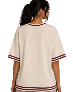 T-shirt Oversize Femme Beige Personnalisé par le Fabricant, Coupe Ample Décontractée en Coton, Manches Courtes avec Bordure Contrastante, Style Streetwear pour l'Été - Product Image 4