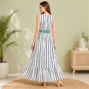 Vestido Largo sin Mangas con Estampado de Puntos Blancos para Mujer, con Cinturón Verde, Estilo Casual Holgado, Transpirable, de Algodón, con Borlas y Capas Transparentes, para Verano - Product Image 4