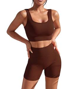 Conjunto de 2 Piezas de Punto Acanalado Ajustado para Mujer, Camiseta Corta con Cuello en U y Pantalones Cortos de Compresión, Ropa Deportiva para Yoga y Gimnasio - Product Image 4
