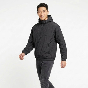 Men's Black Hooded Quarter-Zip Puffer <b>Jacket</b> Windproof Casual Winter Coat Polyester <b>Fleece</b> <b>Lining</b> Regular Fit - Product Image 3