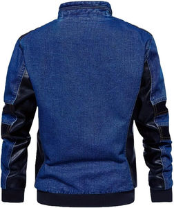 Chaqueta de Mezclilla Azul para Hombre con Mangas de Cuero con Parches, Corte Ajustado, Abrigo de Jean, Ropa Exterior de Algodón, Estilo Casual Urbano - Product Image 2