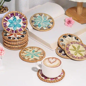 Sous-verre en rotin et nacre pour tasse à thé, 300 mm, style bohème avec motif floral, pour tasse à thé, mug, décoration de table - Product Image 1