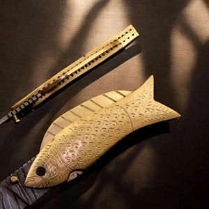 Handmade Damascus Steel Folding <b>Knife</b> with Engraved Brass <b>Fish</b> Handle Free Leather Sheath, Folding <b>Knife</b>, Pocket <b>Knife</b> - Product Image 5
