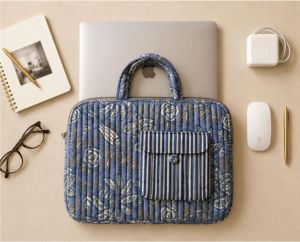 Quilted Cotton Vintage <b>Laptop</b> Tote <b>Bag</b> Striped Pocket Floral Print Shockproof Protective Shoulder <b>Carry</b> - Product Image 4