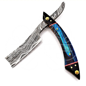 MORTAL SAGA Navaja de Afeitar Recta de Acero de Damasco Ligero Hecha a Mano, Borde Liso, Mango de Madera de Resina Azul, Funda de Cuero, Hoja de 5 Pulgadas - Product Image 4