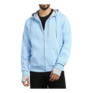Sweat-shirt à capuche zippé bleu clair pour homme, coupe classique, avec poches, en coton French Terry, couleur unie, idéal pour l'automne - Product Image 1