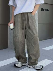 Men's <b>Light</b> Gray Elastic Waist Cargo Pants Multiple Pockets Breathable Canvas <b>Trousers</b> Casual Autumn Wear Drawstring Closure - Product Image 2