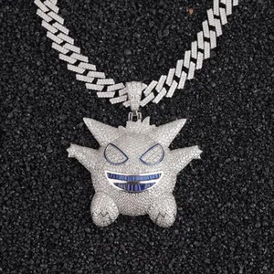 Pendentif Monstre de Dessin Animé Sertie de Moissanite Bleue (Yeux et Bouche), Finition Argentée, Bijoux Personnalisés Style Hip Hop pour Hommes - Product Image 1