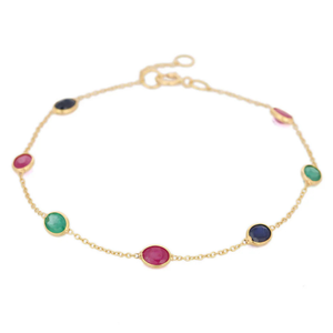 18K Gold Plated Charm <b>Bracelet</b> with <b>Ruby</b> Emerald and Blue Sapphire Gemstones - Product Image 1