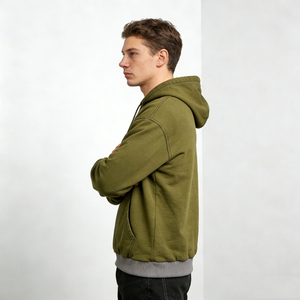 เสื้อฮู้ดดี้ผู้ชายทรงปกติ สีเขียวมะกอก มีกระเป๋า แต่งขอบยางยืด ผ้าฟลีซ สไตล์ลำลอง สตรีทแวร์ ใส่สบาย ใช้ได้ทุกวัน ผ้าฝ้าย 100% สำหรับฤดูหนาว - Product Image 2