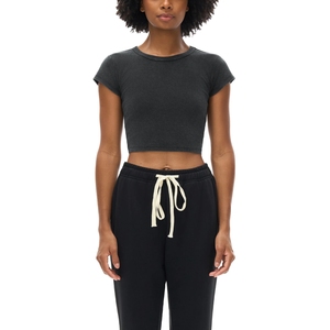T-shirt court noir ajusté pour femme, à manches courtes, en coton délavé vintage, basique et décontracté, vente en gros - Product Image 1