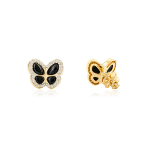 14K <b>Black</b> Onyx Diamond <b>Stud</b> <b>Earrings</b>-Nature Inspired Crown Design - Product Image 3