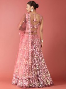 Pink Sequin <b>Net</b> Lehenga Choli Set Dupatta Floral Embroidered Wedding Reception Outfit Women - Product Image 3