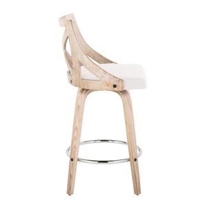 Sgabello da Bar Charlotte 26 Pollici, Altezza Fissa, Stile Rustico, Girevole, in Legno Bianco Decapato, Tessuto Crema, Base in Metallo Cromato - Product Image 3