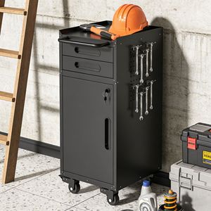 34.3" Narrow Rolling Tool Cabinet with Lockable <b>Door</b> 2 Drawers Large <b>Handle</b> Slim Metal Organizer for <b>Garage</b> Storage - Product Image 3
