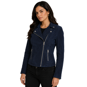 Women's Goat <b>Suede</b> Moto Biker <b>Jacket</b> – Lola Navy Blue - Product Image 1