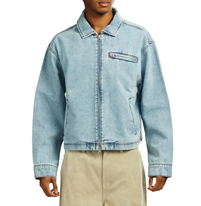 Men's Acid Wash Denim Work Jacket Casual Zipper Front Turn-<b>Down</b> Collar Streetwear Cotton Vintage Canvas Jacket - Product Image 3