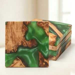 Laser Engraved Modern Square Blank Olive Marble Acacia Bamboo Wood Pallet Marble Resin <b>Coaster</b> Holder Wood Inlay Non Mats Pad - Product Image 4