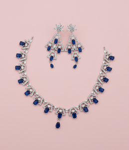 Elegant Emerald Cut Blue Crystal <b>Choker</b> Set Geometric Pattern American Diamond Chandelier Earrings Set Fine Party Wear Jewelry - Product Image 1