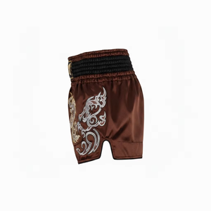 Men's Muay Thai Shorts Brown Embroidered Tiger Design MMA Kickboxing Fight Wear Regular Fit <b>Stretch</b> Polyester - Product Image 4