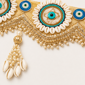 Guirlande décorative murale ou toran de porte, faite main, à motif floral, avec perles et œil porte-bonheur, et pampille en jute avec médaillon, pour la décoration intérieure - Product Image 6