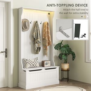 Panca da Ingresso 3-in-1 Bianca con Luci LED, Appendiabiti e Scarpiera, Mobile da Ingresso con 5 Ganci per Corridoio - Product Image 6