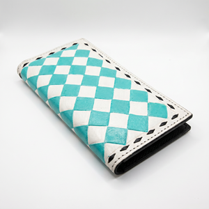 Sky Blue & White Diamond Lattice Geometric Pattern Genuine Leather <b>Long</b> <b>Wallet</b> Handmade Hollow Out Design Fold Closure Daily Use - Product Image 2