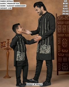 DADDY & PRINCE Boys <b>Black</b> Silk <b>Kurta</b> With Elegant Embroidery Ankle-Length Traditional Wear <b>For</b> Wedding All Seasons - Product Image 3