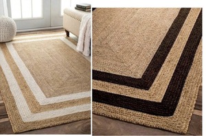 Tapis en jute tissé à la main à poils ras avec bordure blanche, tapis d'intérieur écologique - Product Image 2
