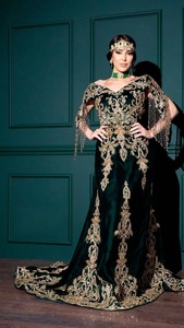 Dark <b>Green</b> Embroidered Floor-Length Fergani Caftan Dress with Gold Details for Women Traditional Wedding Wear - Product Image 2