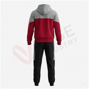 Conjunto Deportivo con Capucha para Hombre, Color Gris y Rojo, Bloques de Color, Manga Larga, Cierre Frontal con Cremallera, Bolsillos Laterales, Ropa Casual de Otoño - Product Image 2