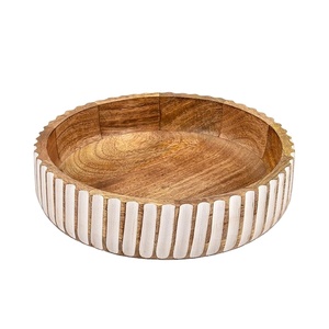 Elegant Handcrafted Wooden <b>Bowl</b> with <b>White</b> Stripes Decorative <b>Serving</b> <b>Bowl</b> for Kitchen Dining Table and Home Decor - Product Image 1