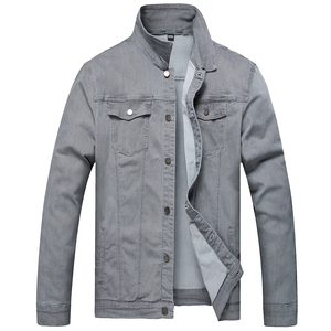 Men's Gray Denim Jacket <b>Stand</b> Collar Casual Cotton Regular Fit Autumn Wear - Product Image 1