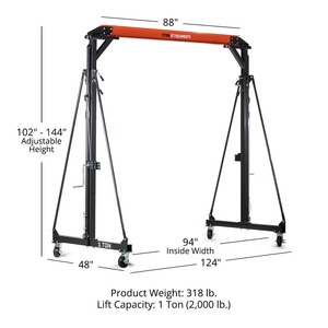 เครนแบบโครงเหล็ก, รับน้ำหนักได้ 1 ตัน, รอกยกของในโรงงาน รับน้ำหนักได้ 2,000 ปอนด์, ดีไซน์แบบพกพาพร้อมล้อล็อคได้, ปรับความสูงได้สูงสุด 12 ฟุต - Product Image 2