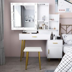Modern White <b>Dressing</b> Table Set 2 Drawers 1 Door 2 Shelves Mirror Cabinet 3 Light Bulbs-Triamine Veneer Particleboard Bedroom - Product Image 1