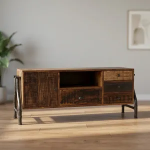 Industrial Wooden TV Stand Media <b>Console</b> with Storage Drawers Cabinet Metal <b>Legs</b> for Living Room - Product Image 4