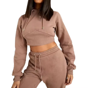 Conjunto Deportivo de 2 Piezas para Mujer, Sudadera Corta con Capucha, Pantalones Largos de Chándal, Estilo Casual Holgado, Sudadera con Capucha de Forro Polar, Atuendo Otoñal - Product Image 4
