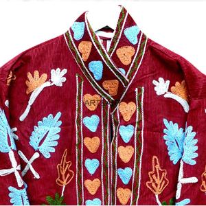 Floral Embroidery Corduroy Jacket with 100% Cotton <b>Strip</b> Lining Breathable & Eco-Friendly Quick Dry for Winter/Autumn - Product Image 6