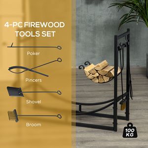 Porta Legna Nero con Attrezzi per Caminetto, Supporto per Legna da Interno ed Esterno, Include Paletta, Pinze, Scopa e Pala per Donne - Product Image 4