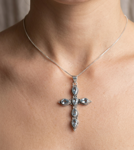 Colgante de Cruz con Topacio Azul en Plata de Ley 925, Chapado en Oro Rosa y Oro Amarillo, Joyería Religiosa Vintage Hecha a Mano, Unisex - Product Image 2