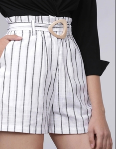 Shorts de Algodón a Rayas de Cintura Alta para Mujer, con Cinturón, Corte Regular Informal, Tejido Oxford Transpirable - Product Image 6
