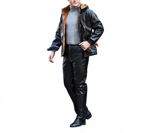 Men's Hooded Leather Tracksuit Set Windproof Warm Winter Casual Full Length Zipper Closure Solid Color Polyester Cotton Material - Product Image 2