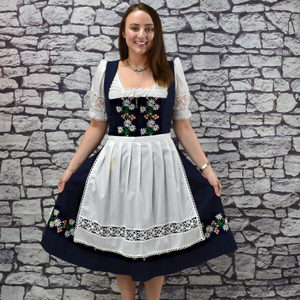 Traditional Blue White Dirndl <b>Dress</b> With Floral Embroidery A-Line Midi Length Short Sleeve Square Neckline Casual Wear - Product Image 3