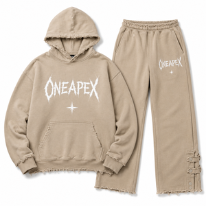 Ensemble de survêtement décontracté deux pièces en molleton délavé beige surdimensionné, style streetwear, avec sweat à capuche et pantalon de jogging - Product Image 5