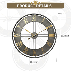 Grande horloge murale ronde à chiffres romains, horloge décorative en métal noir et or pour salon, bureau à domicile, salle à manger, intérieur classique - Product Image 2